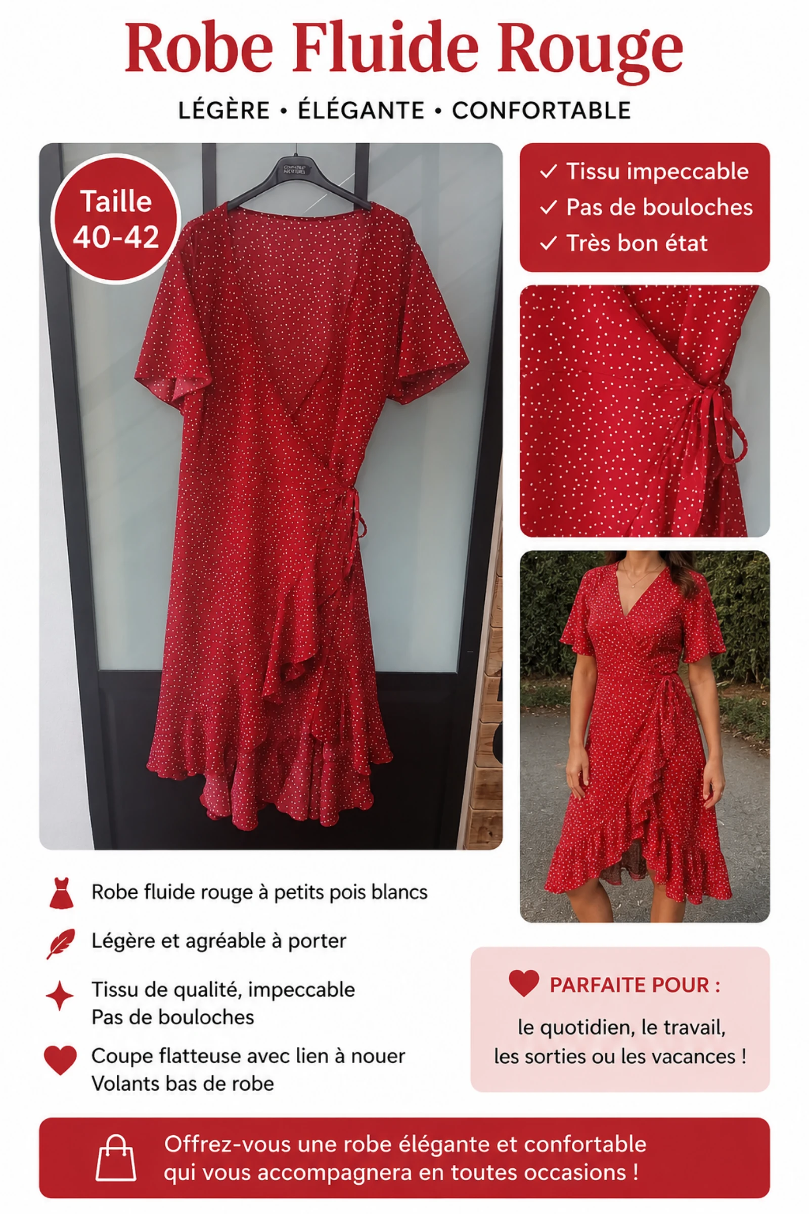 Robe fluide rouge à pois blancs – Taille 40/42